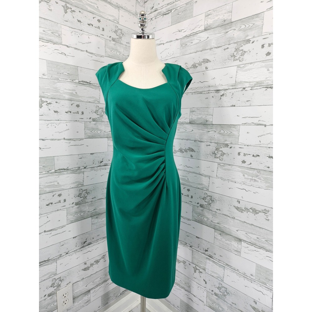 Calvin Klein Womens Green Side Ruched Sheath Dress Size 10 Cap Sleeve Crepe